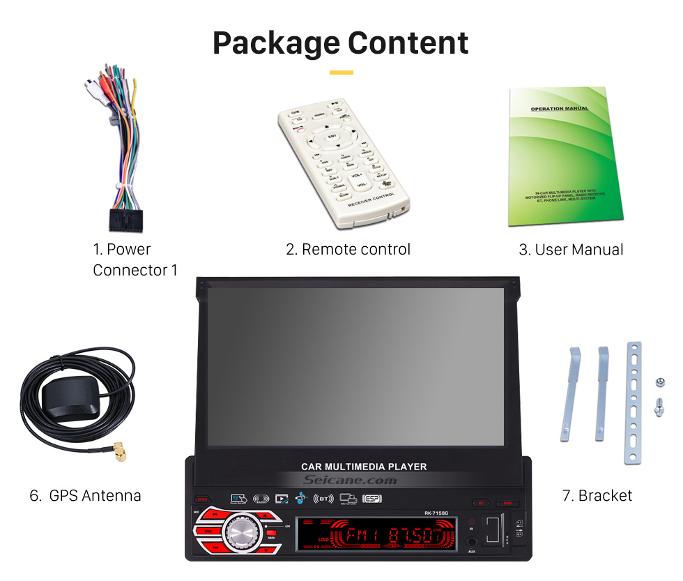 Package Content 7 inch Auto Retractable Touchscreen 1 Din Universal Radio GPS Navigation system Support DVD Player MP5 USB SD Bluetooth