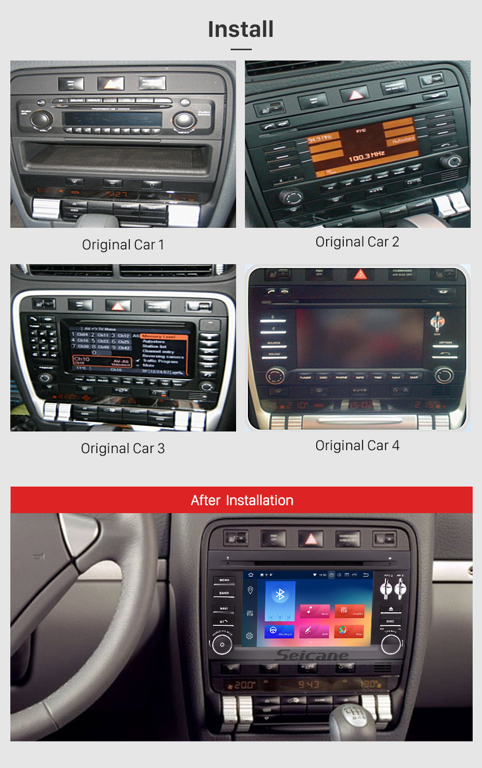 Seicane Pure Android 9.0 2003-2011 Porsche Cayenne DVD Navigation System AM FM Radio 3G WiFi Bluetooth Music Mirror Link OBDII Steering Wheel Control Backup Camera DVR AUX Seicane Pure Android 9.0 2003-2011 Porsche Cayenne DVD Navigation System AM FM Radio 3G WiFi Bluetooth Music Mirror Link OBDII Steering Wheel Control Backup Camera DVR AUX