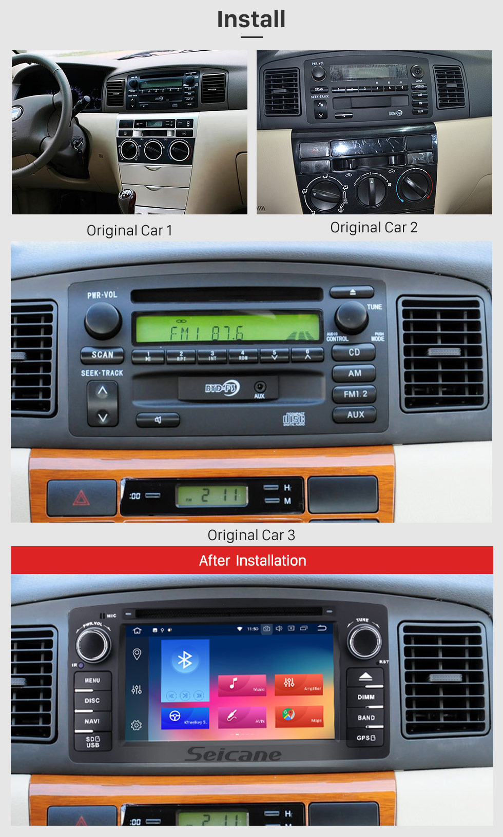 Seicane HD Touchscreen Radio Android 9.0 GPS Navigation for 2006-2012 Toyota Corolla E120 BYD F3 with Bluetooth Music USB Audio Aux WIFI Mirror Link Steering wheel control Seicane HD Touchscreen Radio Android 9.0 GPS Navigation for 2006-2012 Toyota Corolla E120 BYD F3 with Bluetooth Music USB Audio Aux WIFI Mirror Link Steering wheel control