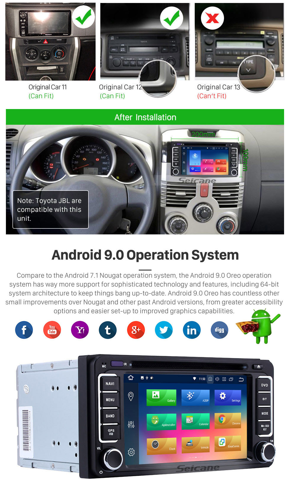 Seicane Android 9.0 2 Din Radio Navigation GPS Lecteur DVD pour 2016 2017 2018 Toyota Corolla Auris Fortuner Estima Innova avec Bluetooth Musique USB SD WIFI Aux Volant Contrôle