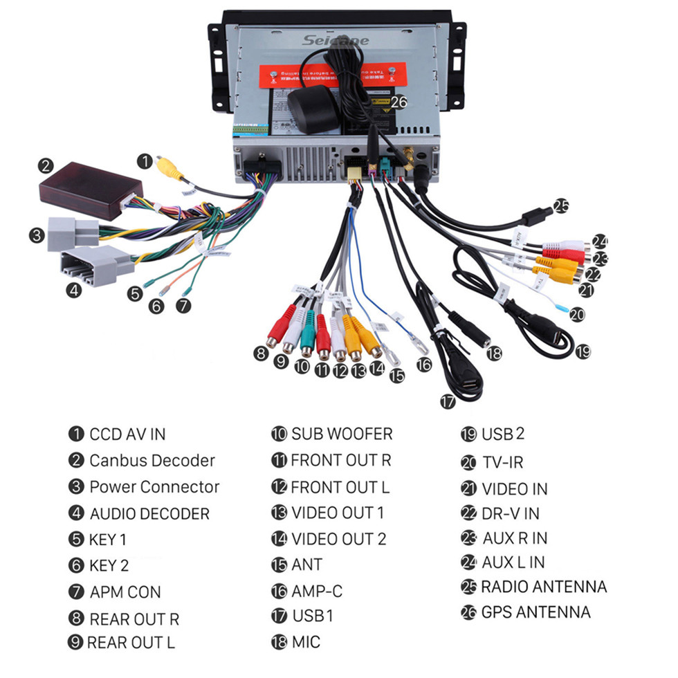 Seicane Android 9.0 voiture A/V DVD système de navigation pour 2007 2008 2009 2010 Jeep Wrangler Unlimited avec Radio Lien Miroir 3G WiFi 1080P Caméra de arrière OBD2