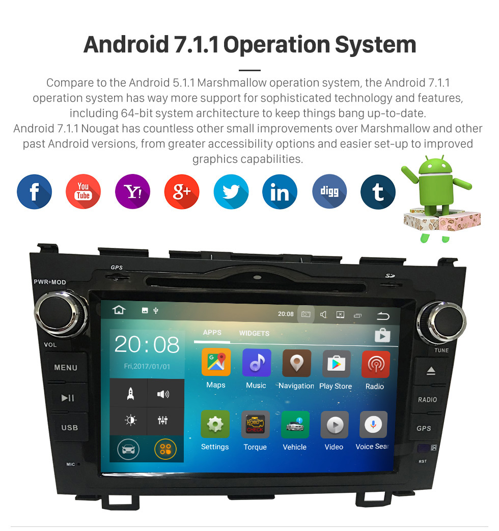 Seicane 8 Zoll 2006-2011 Honda CRV Android 7.1 DVD Navigation Auto Stereo mit 4G WiFi Radio RDS Bluetooth Spiegelverbindung OBD2 Rückfahrkamera Lenkradsteuerung 1080 P Video