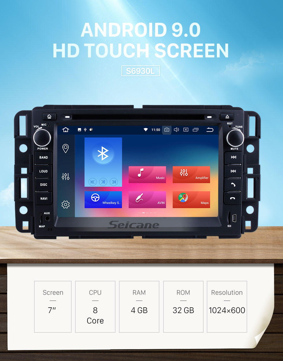 Seicane OEM 2007-2013 GMC Yukon Tahoe Acadia Chevy Chevrolet Tahoe Suburban Buick Enclave Android 9.0 Radio eliminación con Autoradio GPS de navegación coche A/V Sistema 1024*600 Multi-táctil capacitiva pantalla Vínculo espejo OBD2 3G WiFi