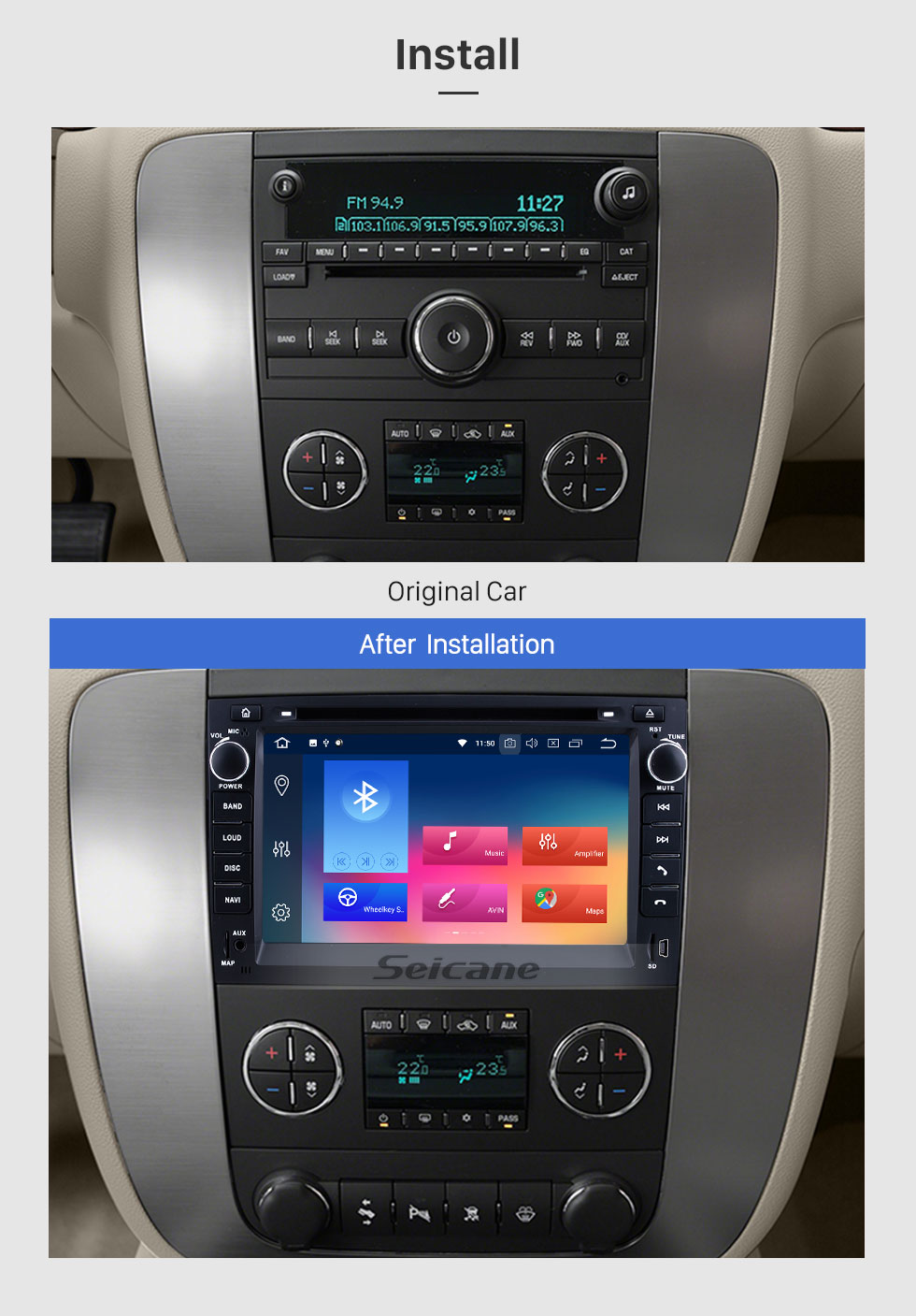 Seicane OEM 2007-2013 GMC Yukon Tahoe Acadia Chevy Chevrolet Tahoe Suburban Buick Enclave Android 9.0 Radio Removal with Autoradio GPS Navigation Car A/V System 1024*600 Multi-touch Capacitive Screen Mirror Link OBD2 3G WiFi