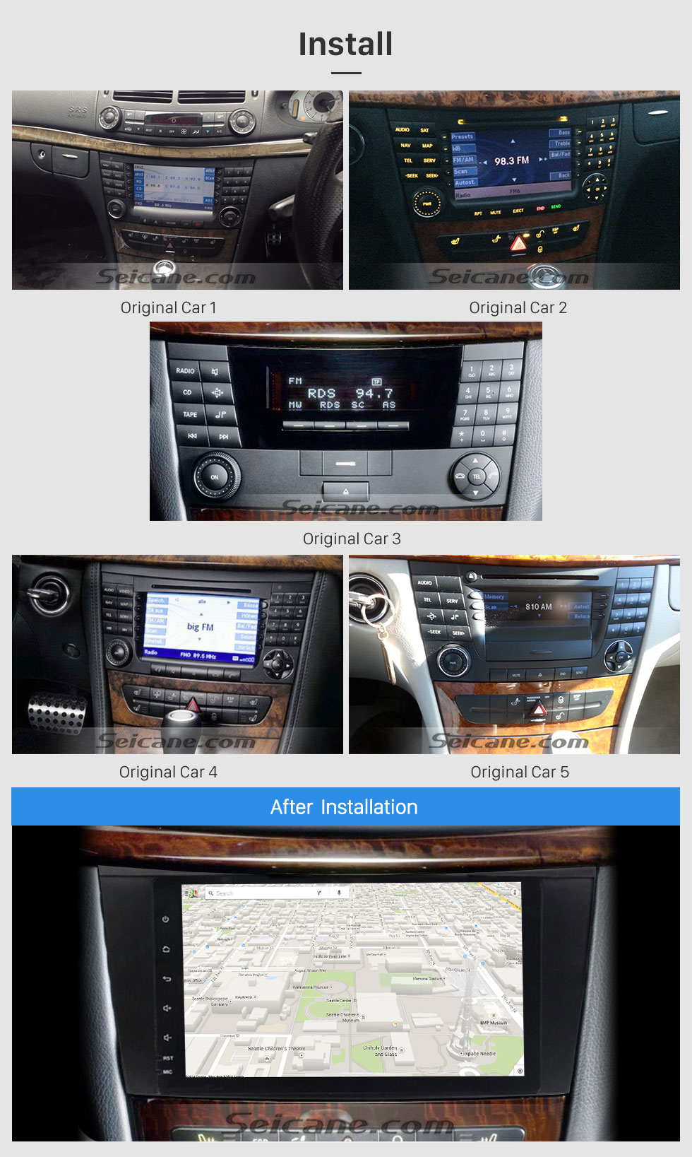 Seicane OEM Android 8.0 Aftermarket Radio Navigation Bluetooth for 2004-2011 Mercedes Benz CLS W219 CLS350 CLS500 CLS55 with 3G WiFi DVD Auto A/V Mirror Link OBD2