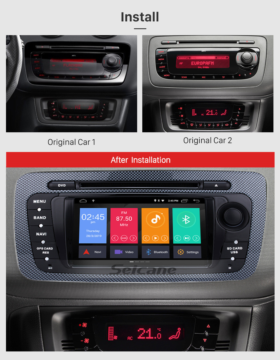 Seicane 2009-2013 Seat Ibiza Android 8.0 In Dash DVD Navigatie systeem mit Radio Tuner Bluetooth Musik Spiegel-Verbindung OBD2 3G W-lan Rückfahrkamera Lenkradsteuerung MP3