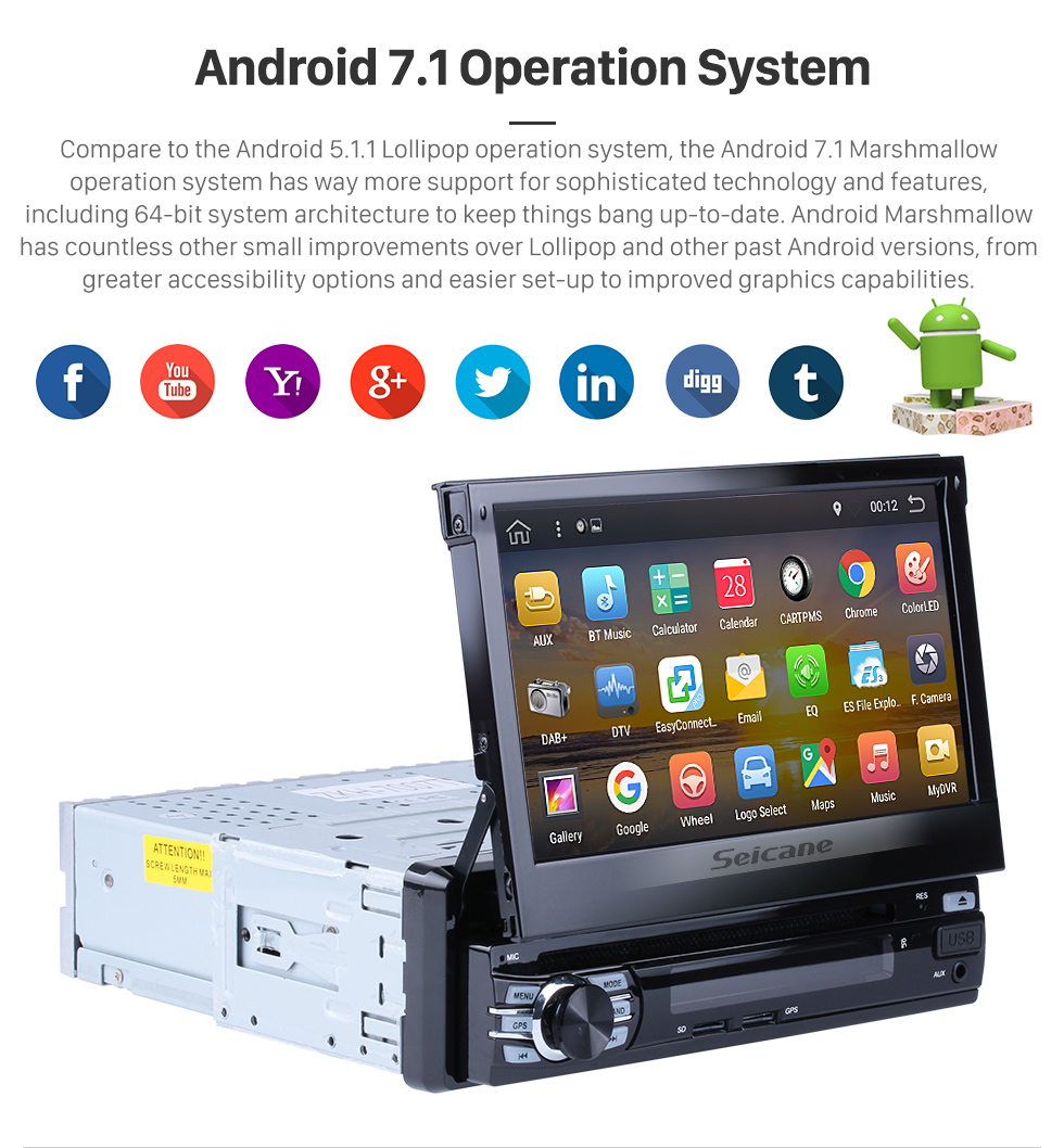 Seicane 7 inch 1 DIN universal HD Touch Screen Android 7.1 Car Stereo Head Unit GPS navigation system Bluetooth 3G WIFI Support OBD2 DVR Rearview camera TV Mirror link Steering Wheel Control USB Seicane 7 inch 1 DIN universal HD Touch Screen Android 7.1 Car Stereo Head Unit GPS navigation system Bluetooth 3G WIFI Support OBD2 DVR Rearview camera TV Mirror link Steering Wheel Control USB