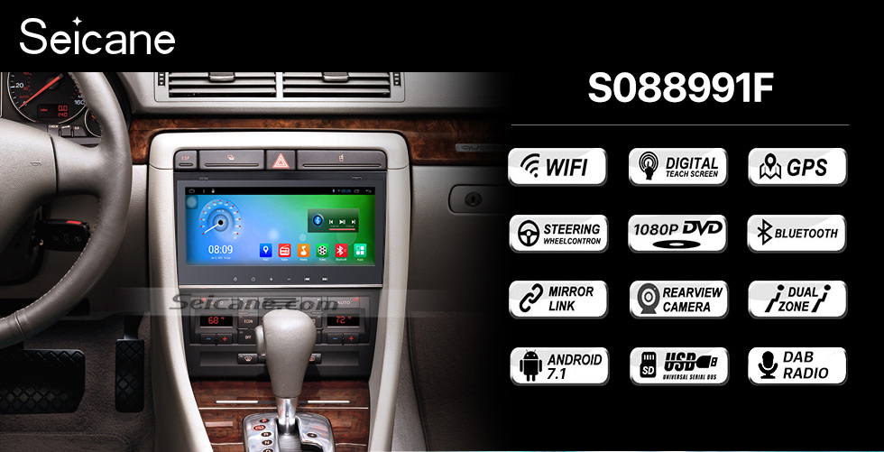 Seicane 8.8 pulgadas 1280 * 480 Android 7.1 Radio con pantalla táctil para 2002-2008 Audi Allroad A4 S4 RS4 con bluetooth GPS sistema de navegación GPS TPMS DVR OBDII WiFi Control del volante Seicane 8.8 pulgadas 1280 * 480 Android 7.1 Radio con pantalla táctil para 2002-2008 Audi Allroad A4 S4 RS4 con bluetooth GPS sistema de navegación GPS TPMS DVR OBDII WiFi Control del volante