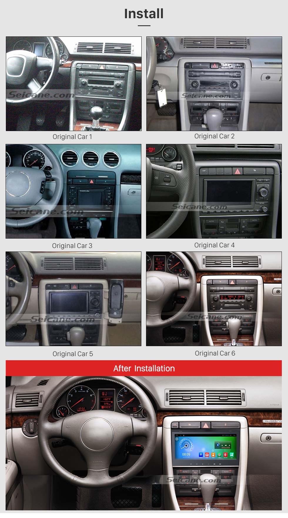 Seicane 8.8 pulgadas 1280 * 480 Android 7.1 Radio con pantalla táctil para 2002-2008 Audi Allroad A4 S4 RS4 con bluetooth GPS sistema de navegación GPS TPMS DVR OBDII WiFi Control del volante Seicane 8.8 pulgadas 1280 * 480 Android 7.1 Radio con pantalla táctil para 2002-2008 Audi Allroad A4 S4 RS4 con bluetooth GPS sistema de navegación GPS TPMS DVR OBDII WiFi Control del volante