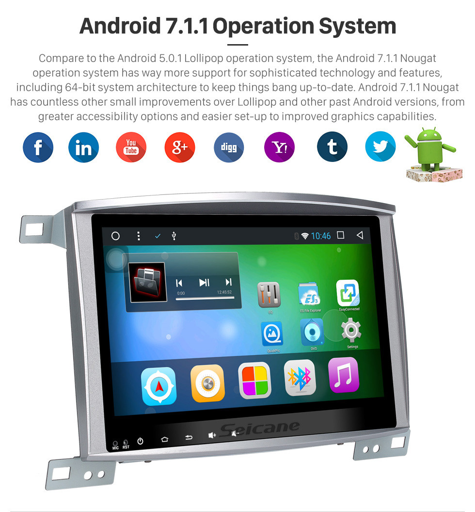 Seicane 10.1 Inch 1998-2007 Lexus LX470 LX570 Android 7.1 Capacitive Touch Screen Radio GPS Navigation system with Bluetooth TPMS DVR OBD II Rear camera AUX USB SD WiFi Steering Wheel Control Video Seicane 10.1 Inch 1998-2007 Lexus LX470 LX570 Android 7.1 Capacitive Touch Screen Radio GPS Navigation system with Bluetooth TPMS DVR OBD II Rear camera AUX USB SD WiFi Steering Wheel Control Video