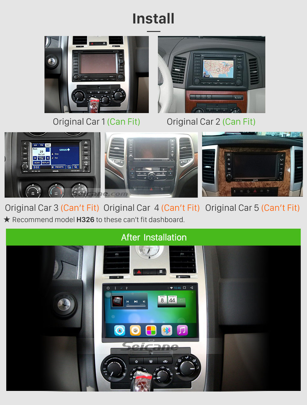 Seicane 9 polegadas Android 9.0 2004 2005 2006 2007 Jeep Cherokee Commander Compass Patriot Wrangler Sistema de navegação GPS com Bluetooth 1024*600 Tela sensível ao toque Sintonizador de TV USB AUX MP3 Controle do volante