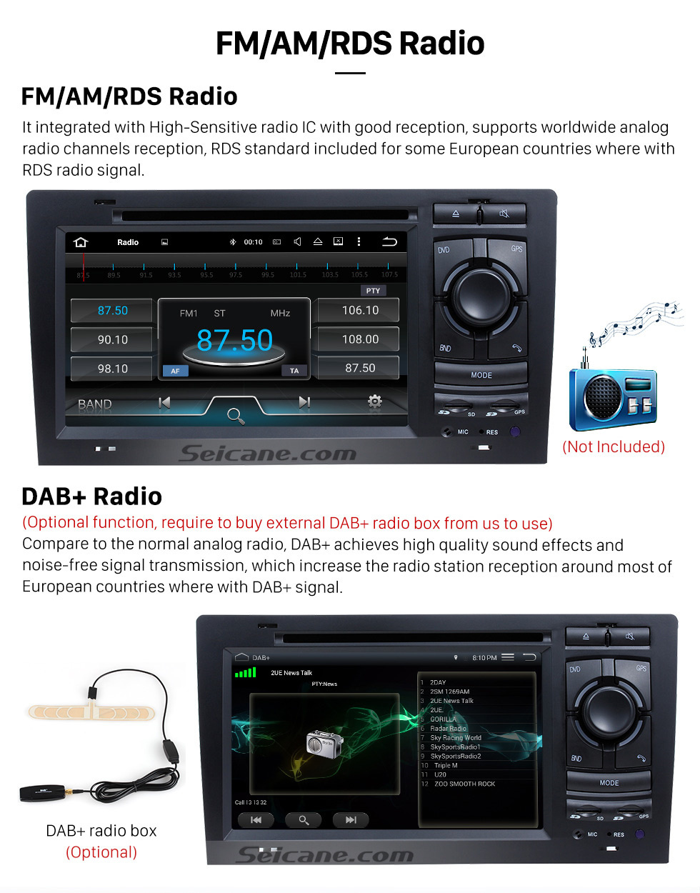 Seicane Sistema de navegação GPS Android 10.0 para 1994-2003 Audi A8 S8 com DVD Player Touch Screen Rádio Bluetooth WiFi TV HD 1080P Vídeo Backup Câmera de controle de volante USB SD