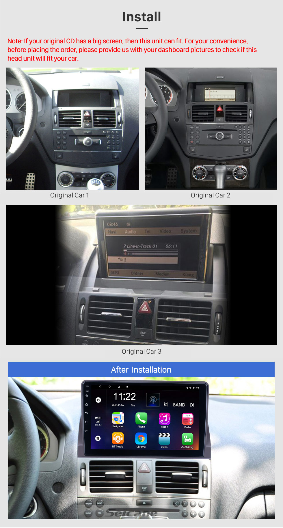 Seicane 9-дюймовый Android 13.0 для 2007-2014 Mercedes Benz C Class W204 Радио GPS-навигационная система с сенсорным экраном HD WIFI Поддержка Bluetooth Carplay OBD2 TPMS DAB +