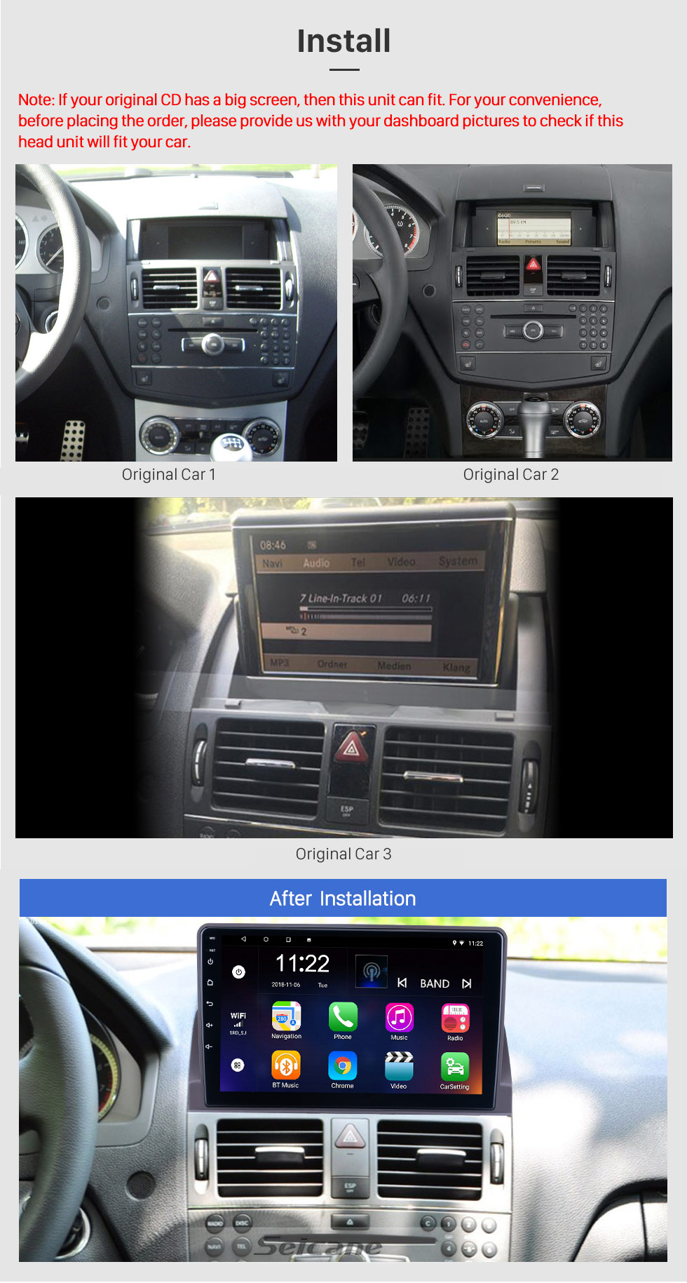Seicane 9-дюймовый Android 13.0 для 2007-2014 Mercedes-Benz C Class W204 Радио GPS-навигационная система с сенсорным экраном HD WIFI Поддержка Bluetooth Carplay OBD2 Seicane 9-дюймовый Android 13.0 для 2007-2014 Mercedes-Benz C Class W204 Радио GPS-навигационная система с сенсорным экраном HD WIFI Поддержка Bluetooth Carplay OBD2