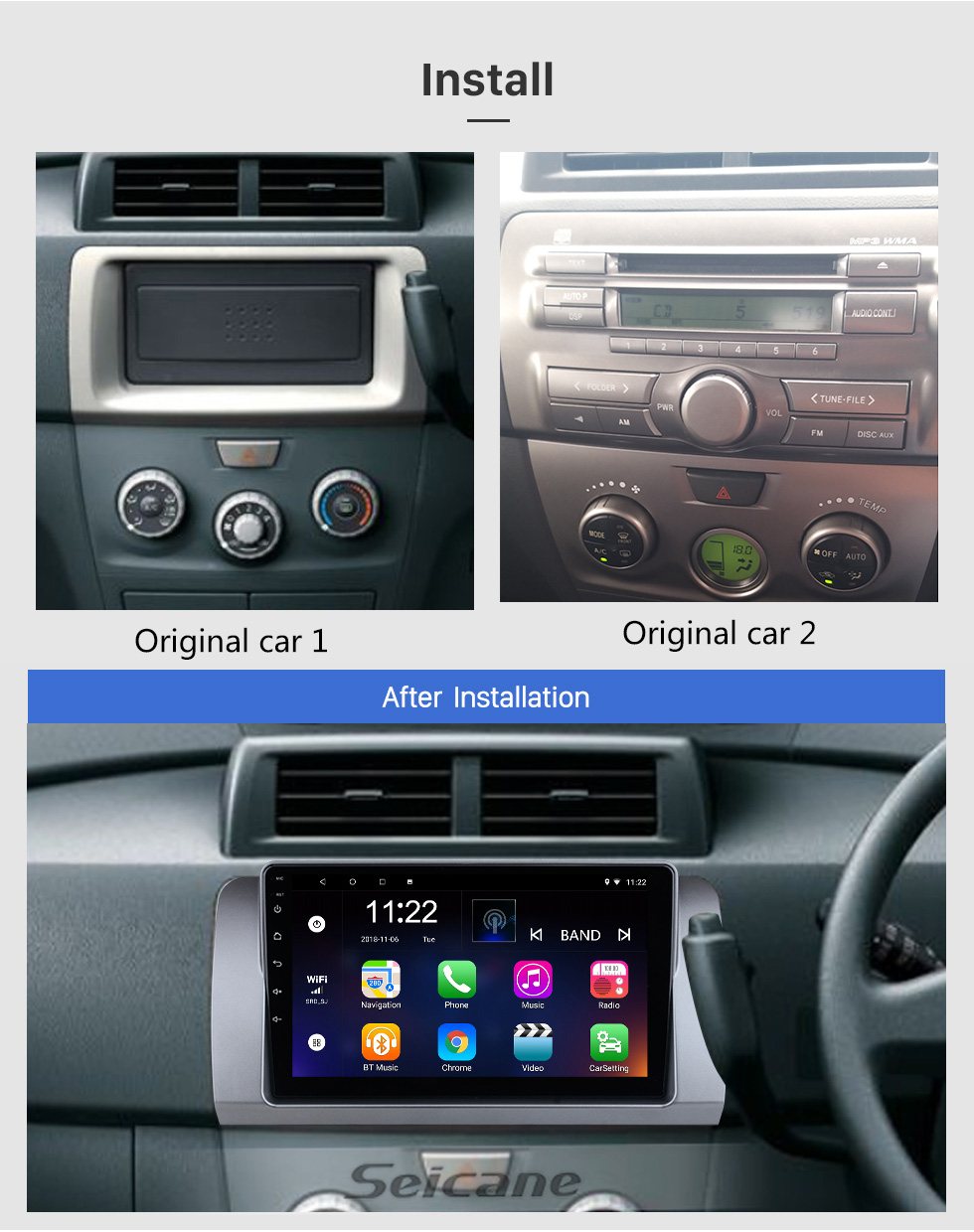Seicane OEM 9 pulgadas Android 10.0 para 2006 Toyota BB Radio con Bluetooth HD Pantalla táctil Sistema de navegación GPS compatible con Carplay DAB +
