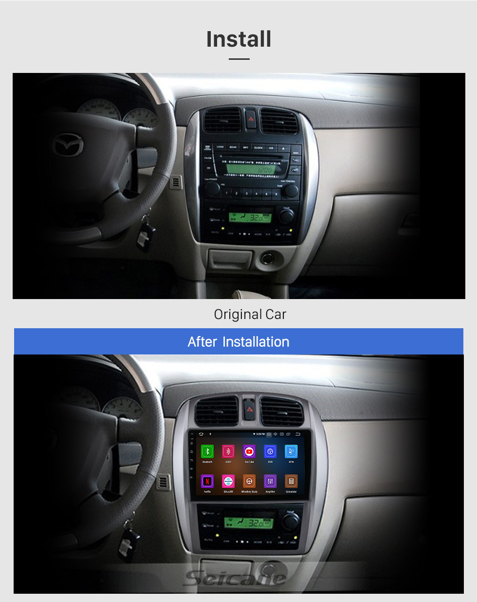 Seicane HD Touchscreen 9 inch Android 10.0 For 2002-2008 Mazda 323/09/FAW Haima Preema/Ford Laser Radio GPS Navigation System Bluetooth Carplay support Backup camera