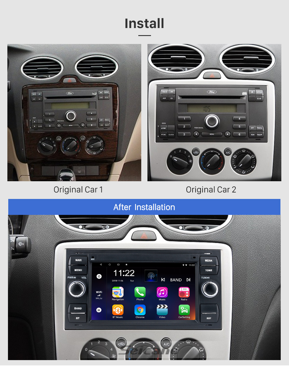 Seicane 2005 Ford Fiesta Form Android 10.0 Aftermarket Radio Sistema de navegación GPS con reproductor de DVD Bluetooth HD 1024 * 600 pantalla táctil OBD2 DVR Cámara de visión trasera TV 1080P Video 4G WIFI Control del volante USB Enlace espejo