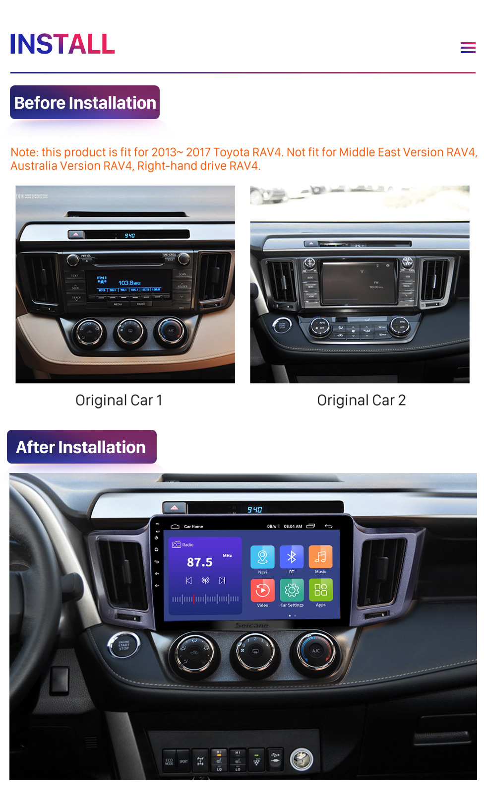 Seicane 2013-2016 Toyota RAV4 10.1 inch Android 10.0 GPS Sat Nav In Car with Touch Screen 3G WiFi AM FM Radio Bluetooth Music USB support OBD2 DVR TPMS Seicane 2013-2016 Toyota RAV4 10.1 inch Android 10.0 GPS Sat Nav In Car with Touch Screen 3G WiFi AM FM Radio Bluetooth Music USB support OBD2 DVR TPMS