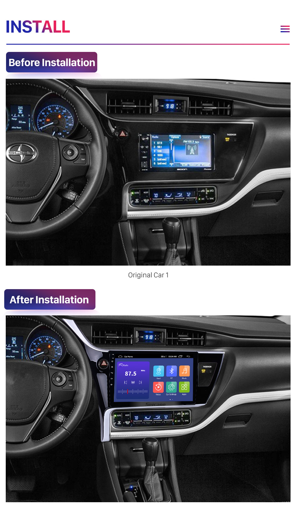Seicane 2017 Toyota Corolla (LHD) left driving 10.1 inch Android 9.0 Radio GPS Navigation System Bluetooth HD 1024*600 Touch Screen WiFi Mirror Link Seicane 2017 Toyota Corolla (LHD) left driving 10.1 inch Android 9.0 Radio GPS Navigation System Bluetooth HD 1024*600 Touch Screen WiFi Mirror Link
