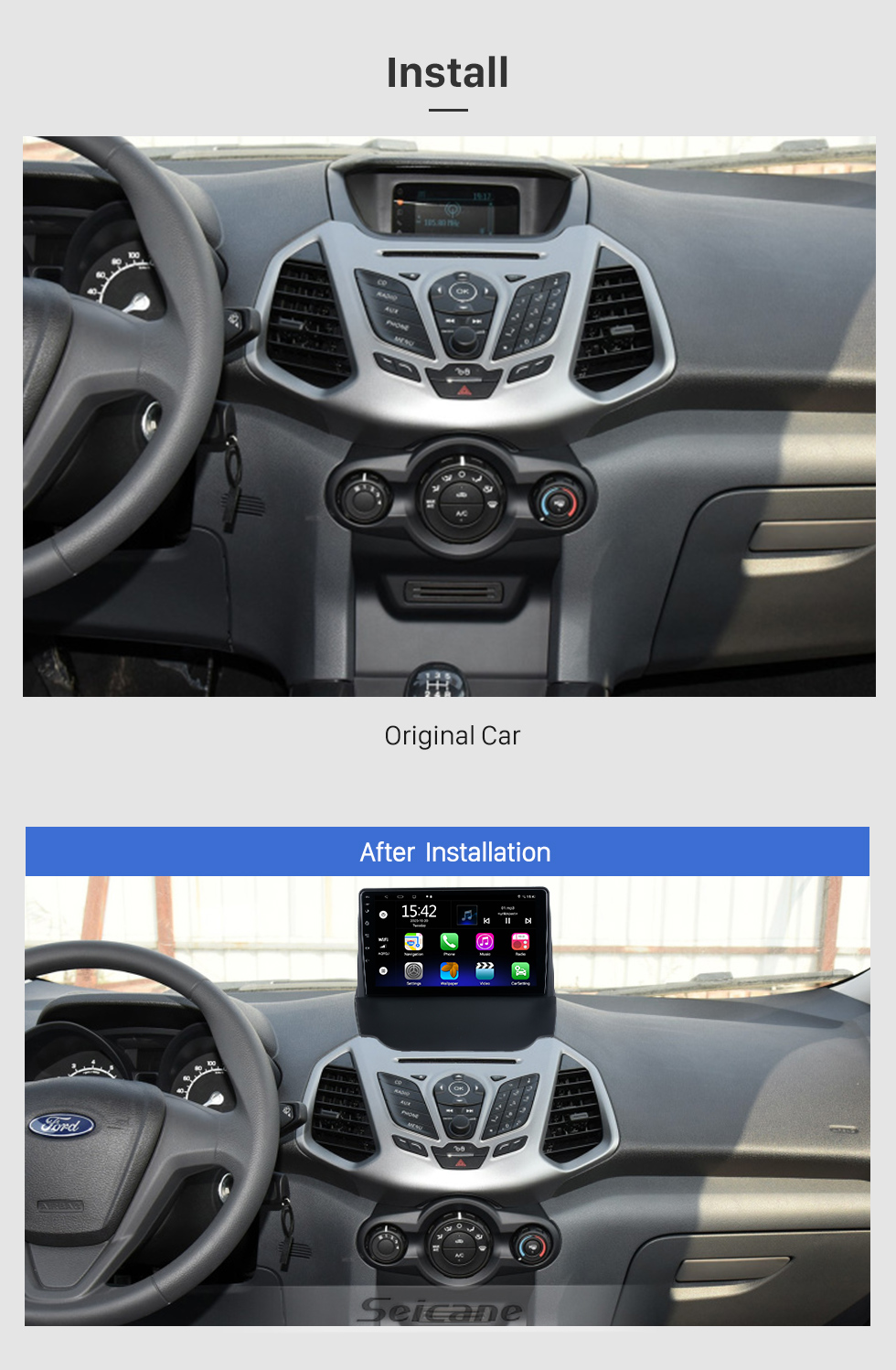 Seicane Android 10.0 HD Touchscreen de 9 polegadas para 2013 2014 2015 2016 2017 Ford Ecosport Rádio Sistema de navegação GPS com suporte para Bluetooth Câmera traseira Carplay