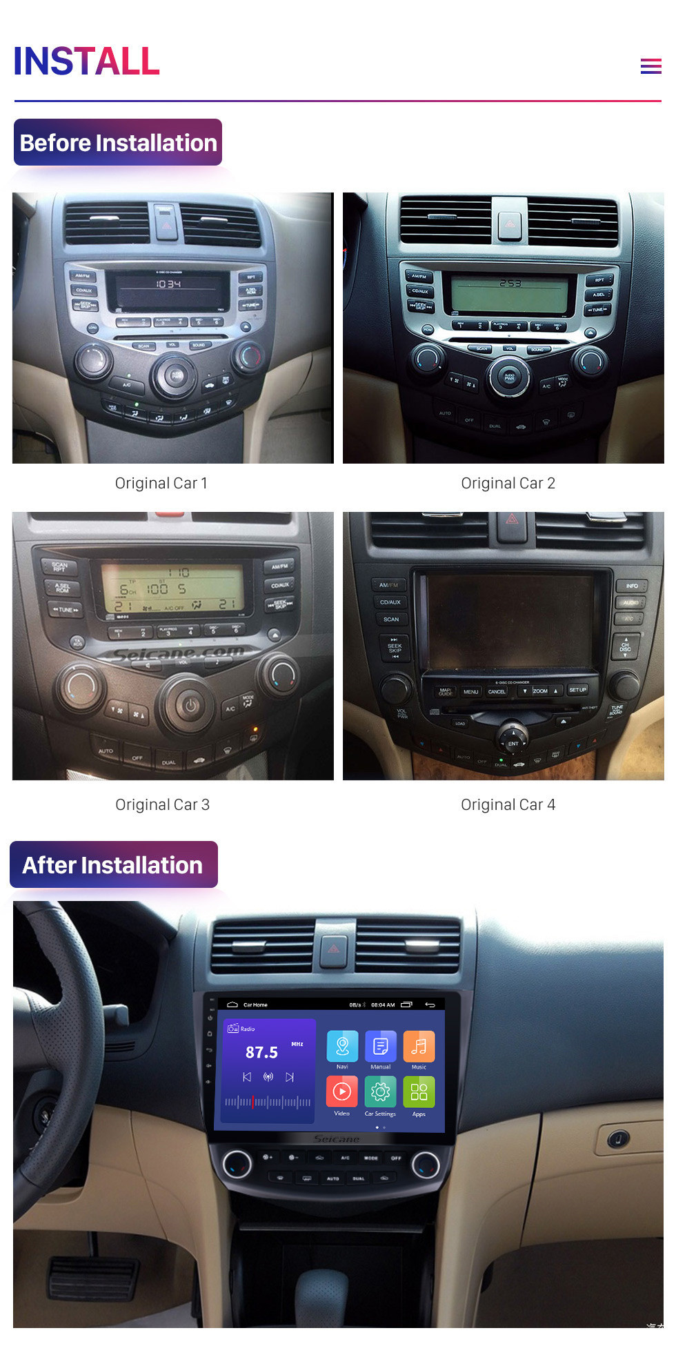 Seicane 10.1 pulgadas Android 9.0 HD 1024 * 600 Pantalla táctil Radio de coche para 2003 2004 2005 2006 2007 Honda Accord 7 Navegación GPS Bluetooth Música WIFI USB Mirror Link Unidad principal Soporte DVR OBD2 Control del volante Cámara de respaldo Seicane 10.1 pulgadas Android 9.0 HD 1024 * 600 Pantalla táctil Radio de coche para 2003 2004 2005 2006 2007 Honda Accord 7 Navegación GPS Bluetooth Música WIFI USB Mirror Link Unidad principal Soporte DVR OBD2 Control del volante Cámara de respaldo