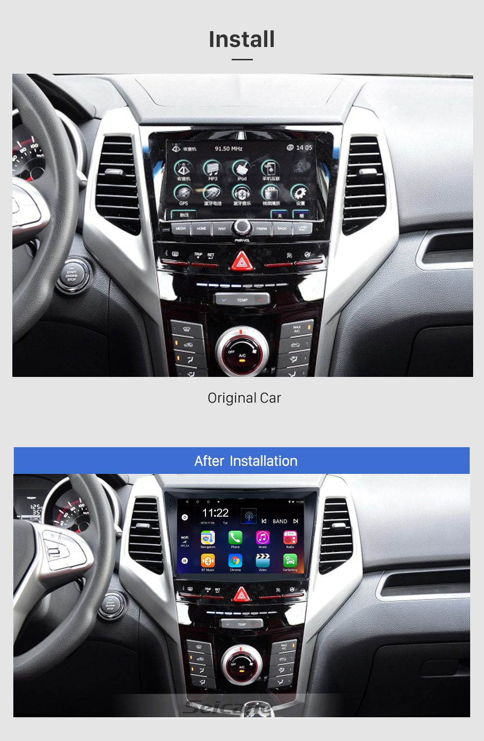 Seicane Android 10.0 HD Touchscreen de 9 polegadas 2015 SSANG YONG Tivolan Rádio Sistema de navegação GPS com suporte para Bluetooth Carplay