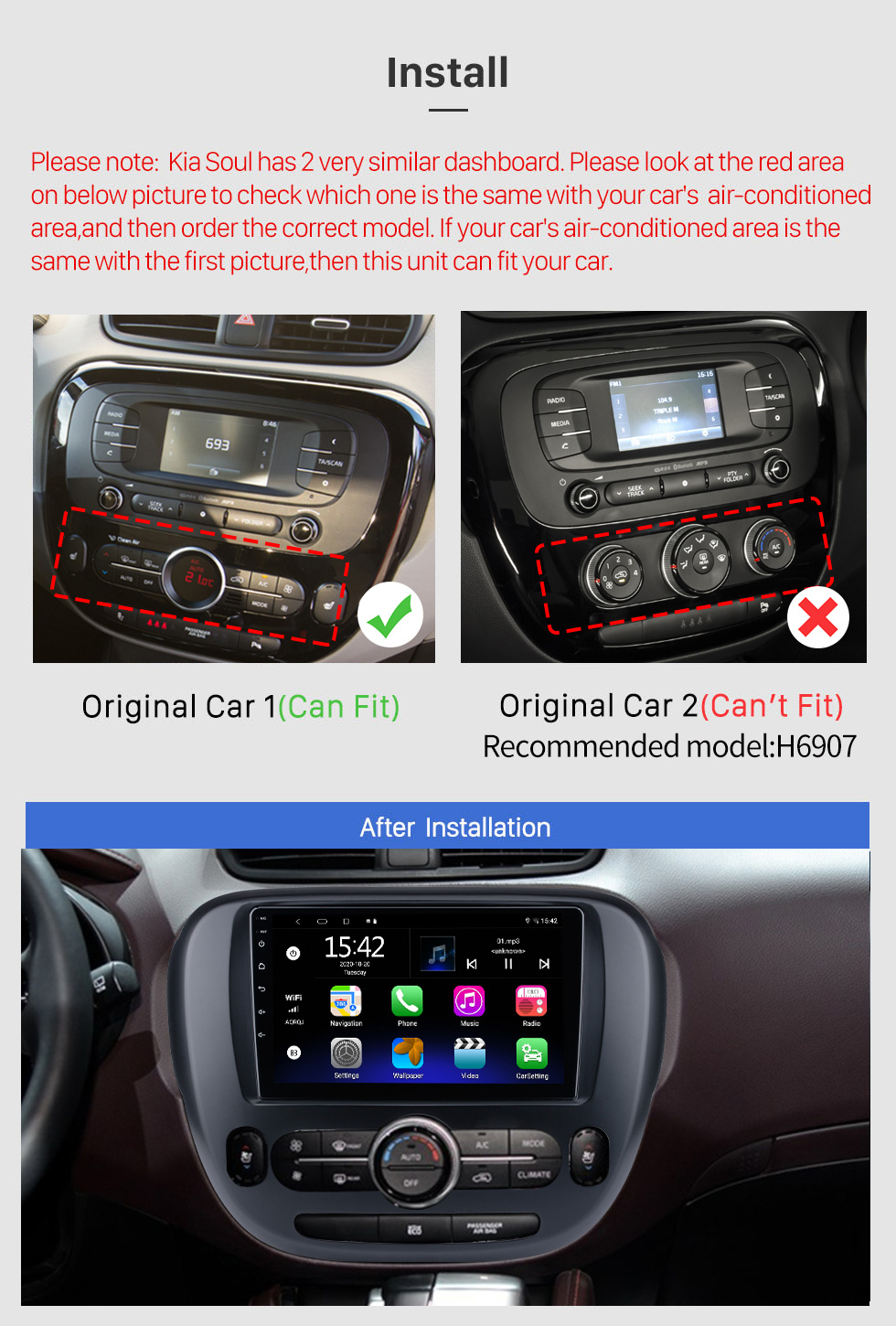 Seicane 9 pouces Android 10.0 pour 2014 Kia Soul Radio avec système de navigation GPS à écran tactile Bluetooth HD prend en charge Carplay