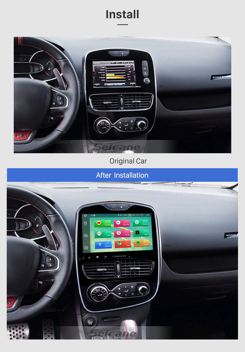 Seicane 10.1 Inch 2012-2018 Renault Clio Digital/Analog Auto air condition Android 8.0 HD Touchscreen Radio GPS Navigation System Support Car Stereo Bluetooth 3G/4G WIFI OBDII Video Steering Wheel Control Rearview Camera Seicane 10.1 Inch 2012-2018 Renault Clio Digital/Analog Auto air condition Android 8.0 HD Touchscreen Radio GPS Navigation System Support Car Stereo Bluetooth 3G/4G WIFI OBDII Video Steering Wheel Control Rearview Camera