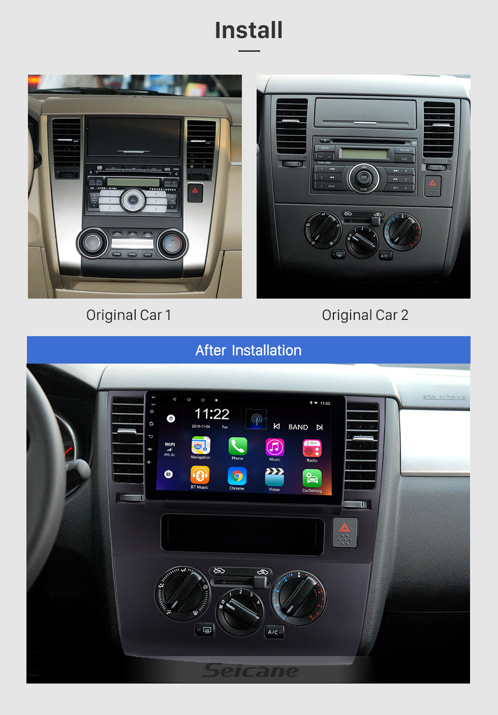 Seicane 9 Zoll 2005-2010 Nissan Tiida Android 8.1 HD Touchscreen GPS-Navigation Radio Bluetooth 3G Wifi Digital TV Lenkradsteuerung Spiegel Link Musik Seicane 9 Zoll 2005-2010 Nissan Tiida Android 8.1 HD Touchscreen GPS-Navigation Radio Bluetooth 3G Wifi Digital TV Lenkradsteuerung Spiegel Link Musik