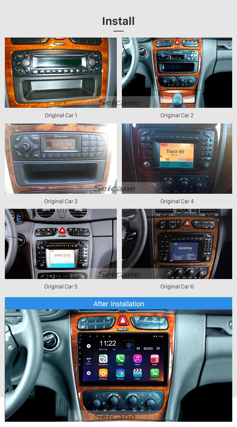 Seicane 10,1 pouces Android 10.0 pour Mercedes Benz Série W203 2002-2004 Radio Système de navigation GPS avec écran tactile HD Prise en charge Bluetooth Carplay OBD2