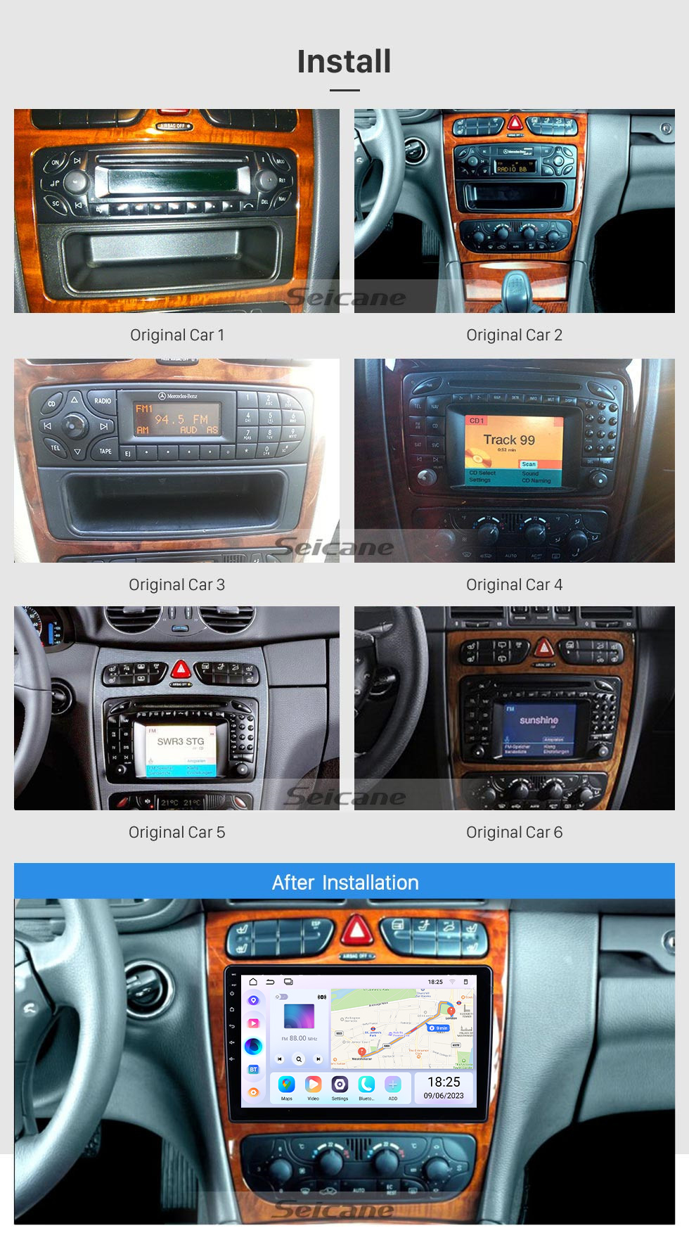 Seicane 10,1 Zoll Android 13.0 für Mercedes Benz Serie W203 2002-2004 Radio GPS Navigationssystem Mit HD Touchscreen Bluetooth Unterstützung Carplay OBD2
