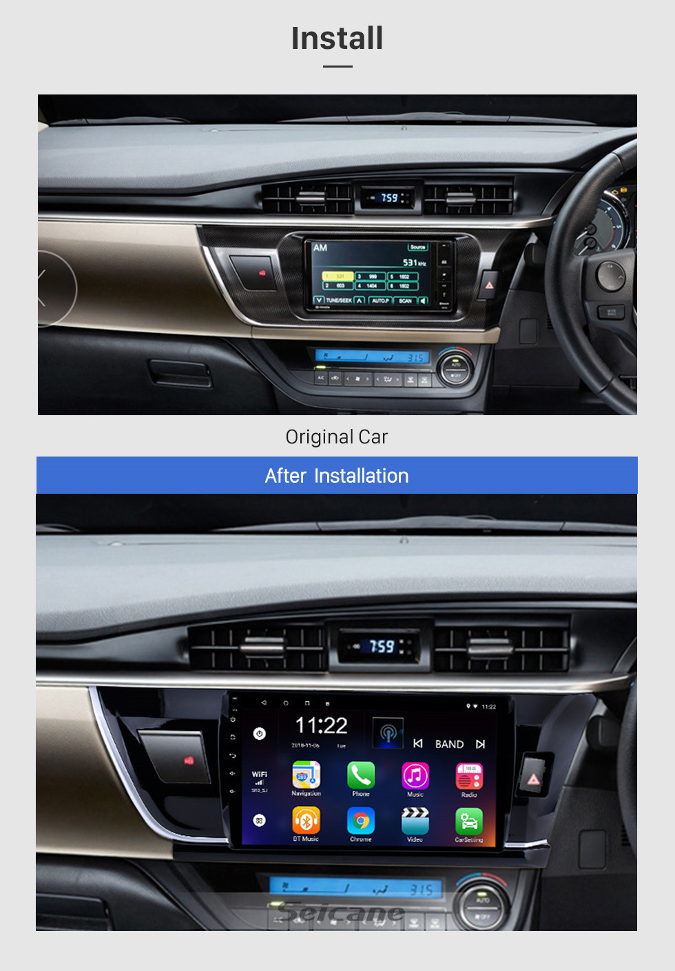 Seicane 10.1 Pulgadas HD con pantalla táctil Radio Sistema de navegación GPS para 2014 Toyota Corolla RHD Bluetooth Soporte Volante Control Pantalla táctil 3G WiFi Carplay