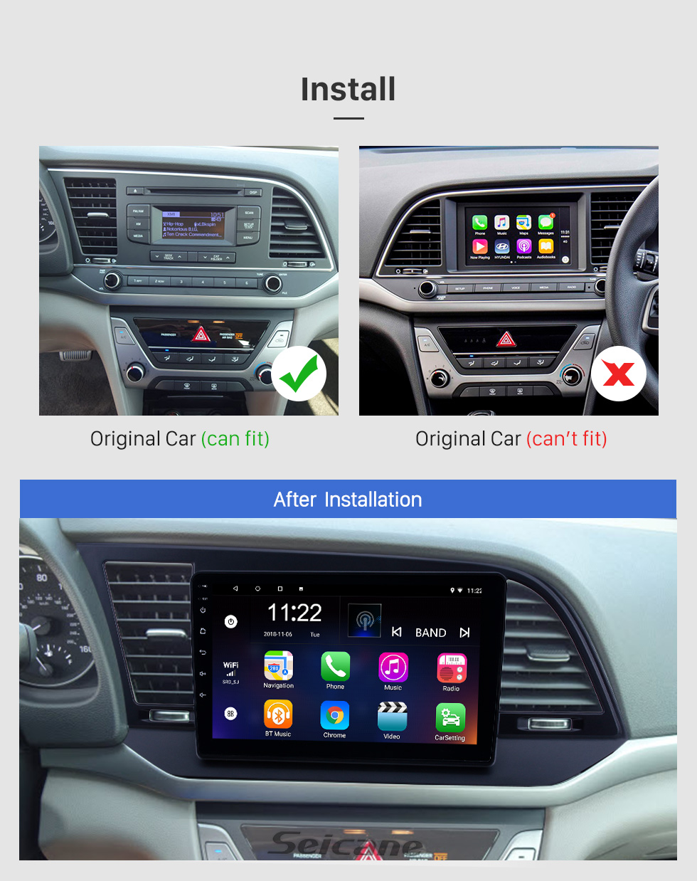 Seicane 9 inch HD Touchscreen Android 8.1 Radio GPS Navi head unit Replace for 2016 Hyundai Elantra Support USB WIFI Radio Bluetooth Mirror Link DVR OBD2 TPMS Aux Seicane 9 inch HD Touchscreen Android 8.1 Radio GPS Navi head unit Replace for 2016 Hyundai Elantra Support USB WIFI Radio Bluetooth Mirror Link DVR OBD2 TPMS Aux
