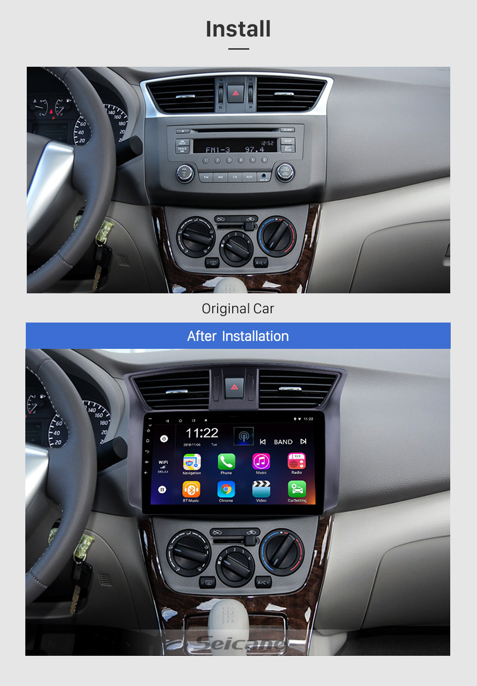 Seicane 10,1 Zoll 2012-2016 Nissan Sylphy Android 8.1 HD Touchscreen GPS Navi-Kopfeinheit Radio USB Bluetooth Unterstützung WIFI Mirror Link DVR OBD2 TPMS Aux Seicane 10,1 Zoll 2012-2016 Nissan Sylphy Android 8.1 HD Touchscreen GPS Navi-Kopfeinheit Radio USB Bluetooth Unterstützung WIFI Mirror Link DVR OBD2 TPMS Aux