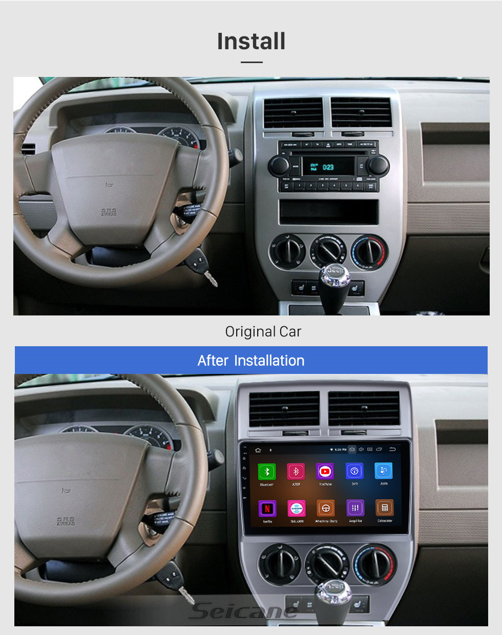 Seicane 2007 2008 2009 Jeep Compass 10,1 pouces Andriod 11.0 HD Autoradio à écran tactile Système de navigation GPS avec prise en charge Bluetooth Carplay