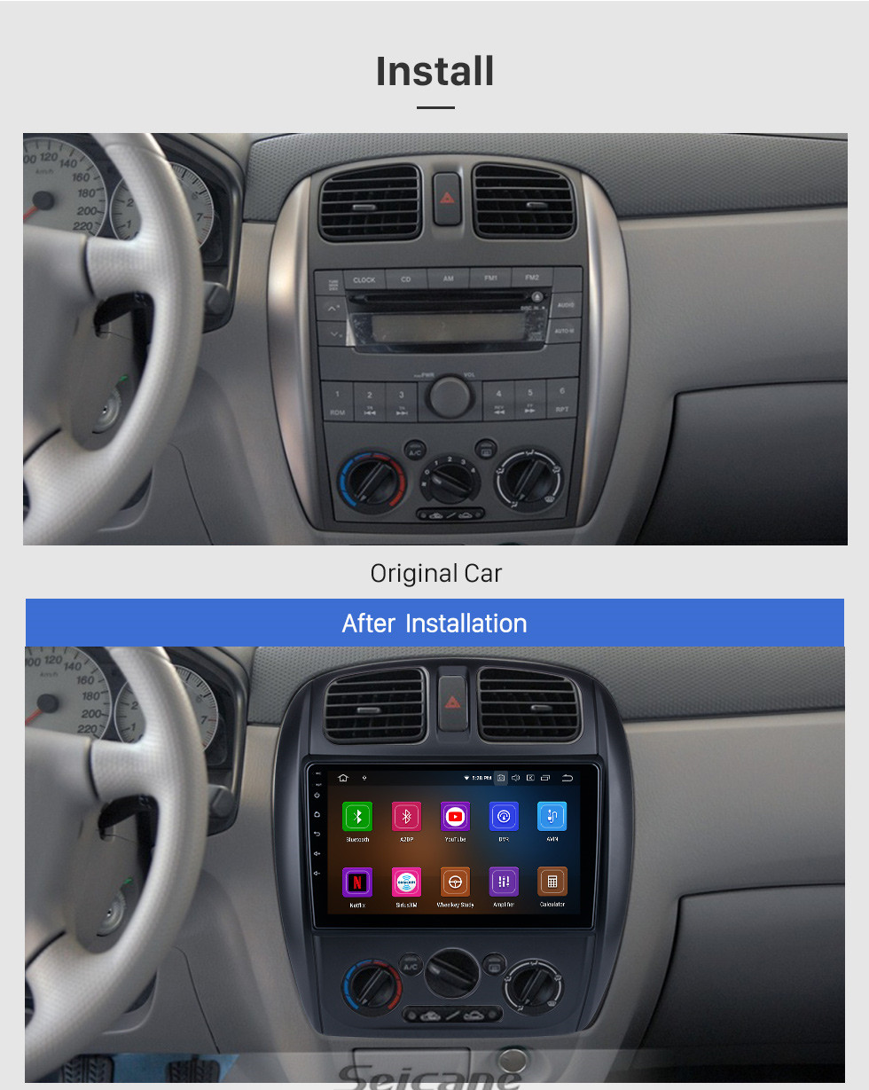 Seicane Android 11.0 HD Pantalla táctil de 9 pulgadas para 2002-2008 Mazda 323 / FAW Harma Preema / Ford Laser Radio de coche para conducir con la mano izquierda Sistema de navegación GPS con soporte Bluetooth Carplay Aire acondicionado trasero manual