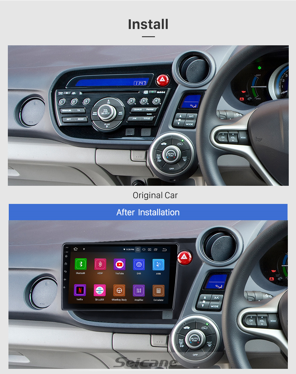 Seicane Andriod 11.0 HD Touchscreen de 9 polegadas 2009 Honda Insight Rádio do carro para dirigir à direita Sistema de navegação GPS com suporte para Bluetooth Carplay