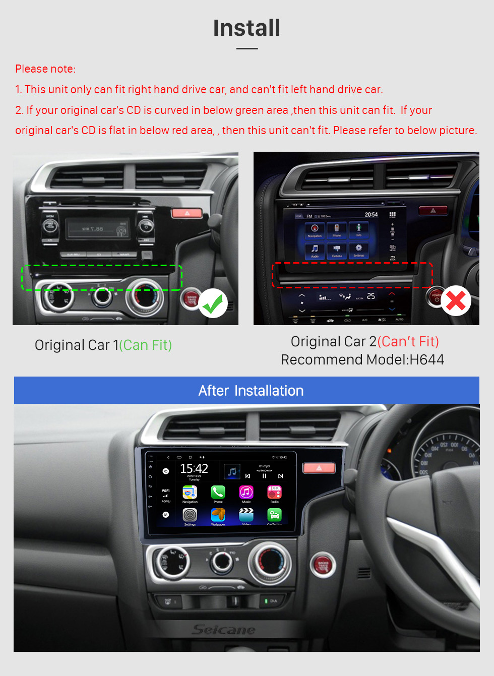 Seicane Andriod 10.0 HD Pantalla táctil 10.1 pulgadas 2014 2015 2016 2017 Honda Fit RHD radio de coche Sistema de navegación GPS con soporte Bluetooth Carplay