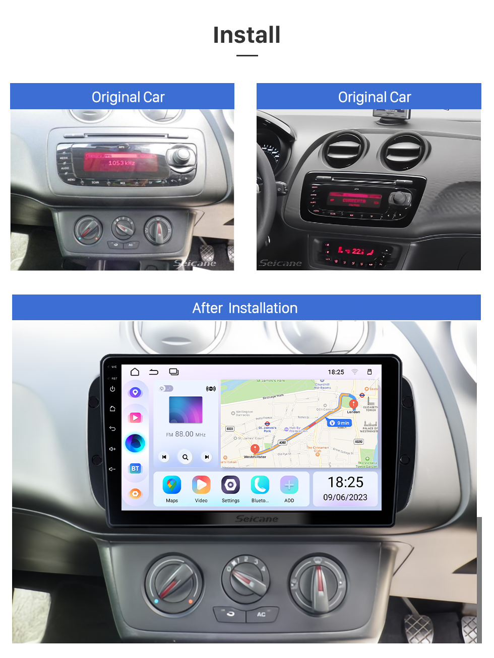 Seicane Android 13.0 HD Touchscreen 9 Zoll Für 2008-2015 SEAT IBIZA Radio GPS Navigationssystem mit Bluetooth-Unterstützung Carplay