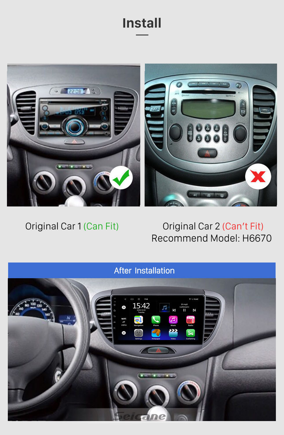 Seicane 9 inch Android 10.0 for 2012 Hyundai I10 Low Version Radio GPS Navigation System With HD Touchscreen Bluetooth support Carplay OBD2