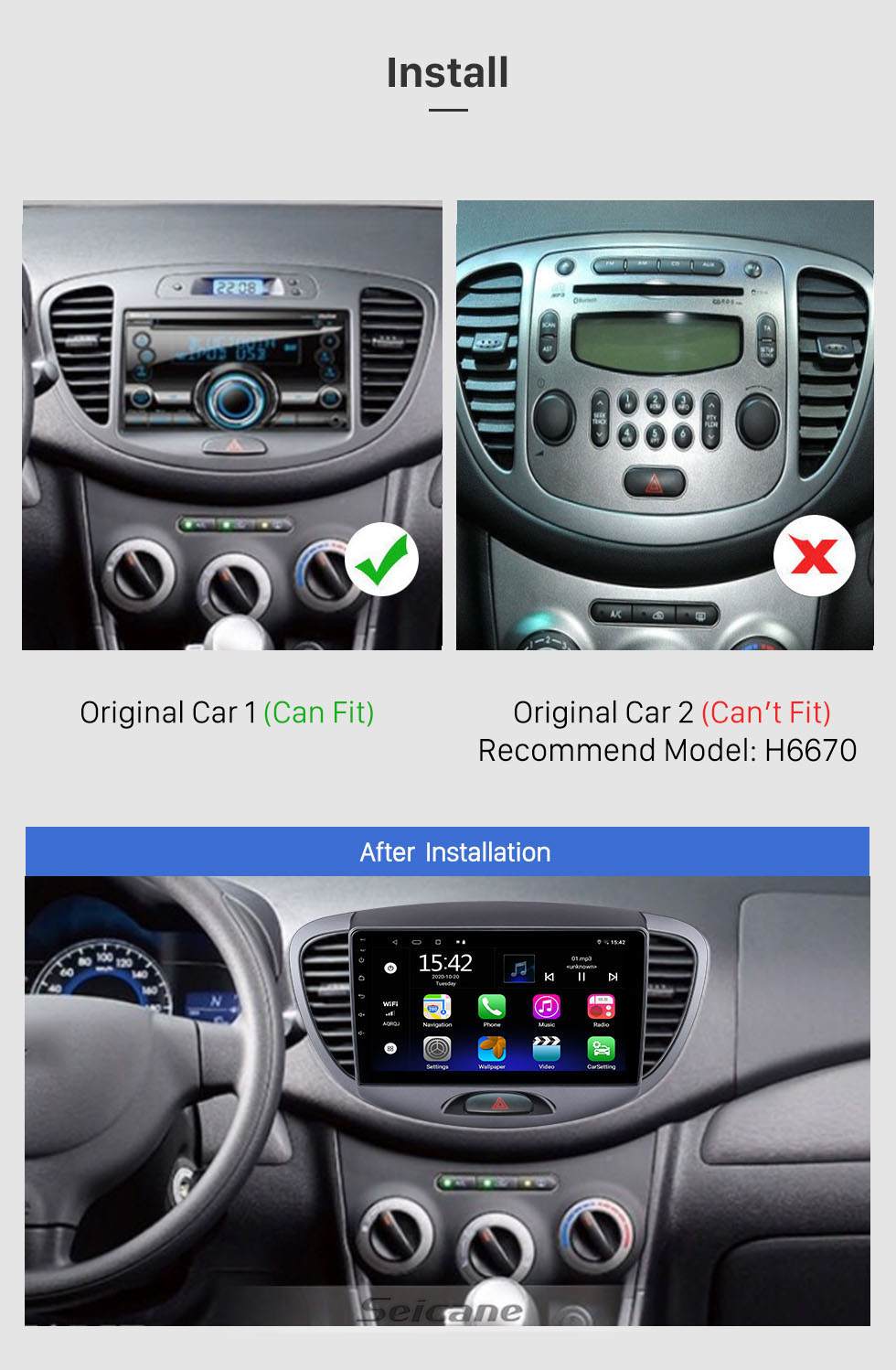 Seicane 9-дюймовый Android 10.0 для 2012 Hyundai I10 Low Version Radio GPS-навигационная система с сенсорным экраном HD Поддержка Bluetooth Carplay OBD2