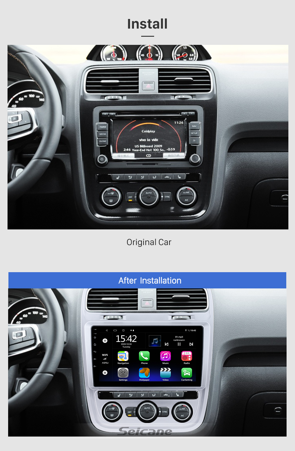 Seicane 9 polegadas Android 10.0 para 2015 VW Volkswagen Scirocco car Radio GPS Sistema de navegação com HD Touchscreen com suporte para Bluetooth, ar condicionado manual Carplay
