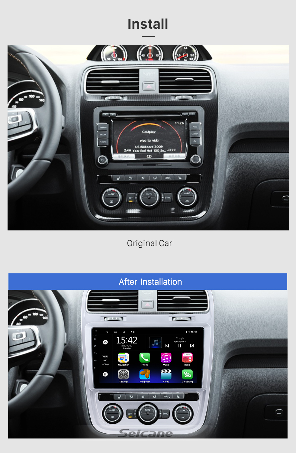 Seicane 9 pulgadas Android 10.0 para 2015 VW Volkswagen Scirocco Radio para automóvil Sistema de navegación GPS Con pantalla táctil HD Soporte Bluetooth Carplay Aire acondicionado manual