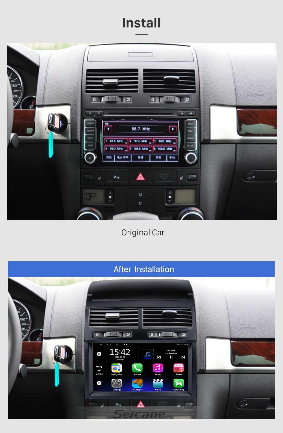 Seicane 9 pouces HD écran tactile Android 13.0 pour 2004-2010 autoradio VW Volkswagen Touareg avec système de navigation GPS Bluetooth Carplay