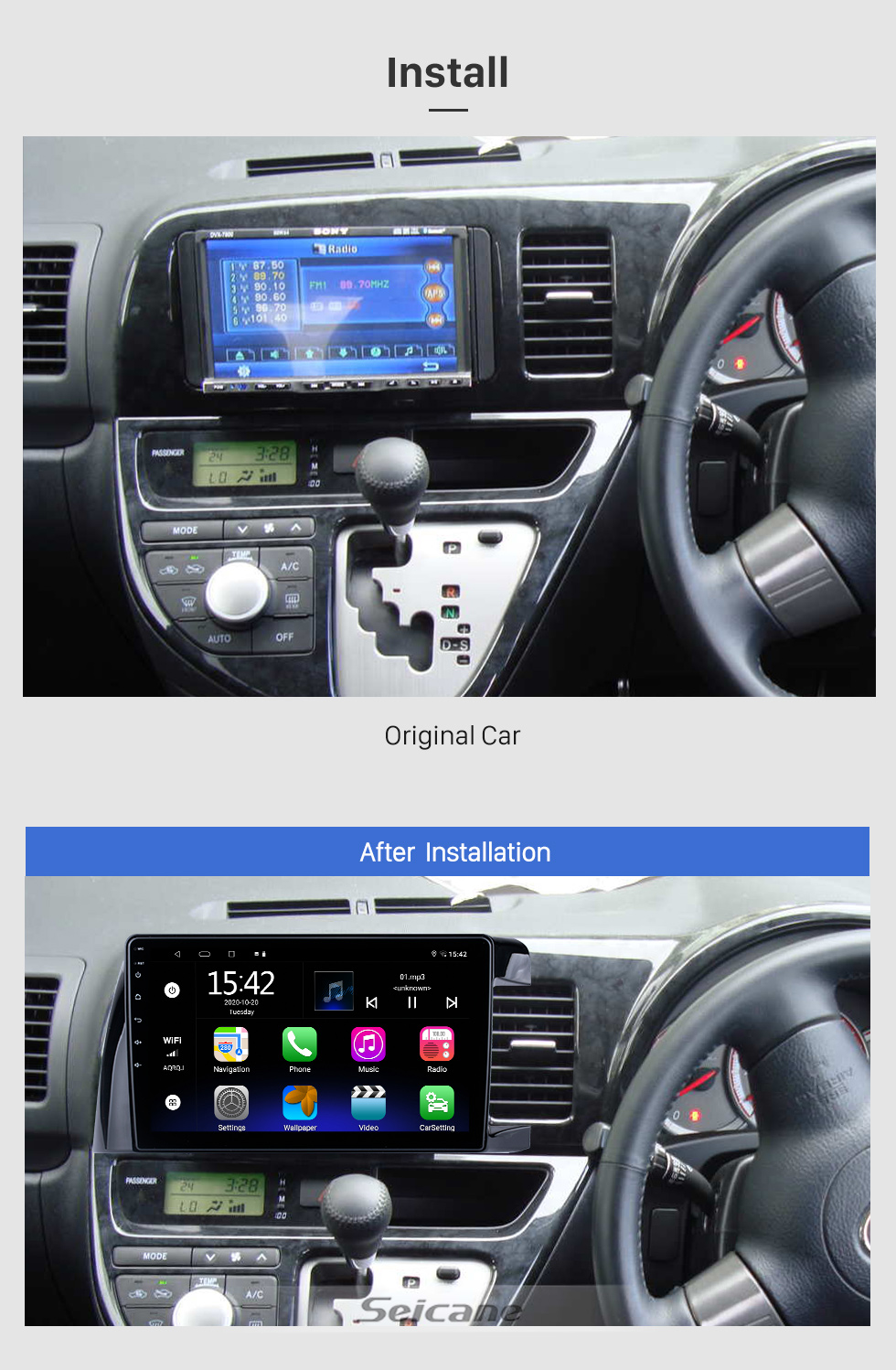 Seicane 10.1 inch Full Touchscreen 2003 Toyota WISH RHD Android 10.0 GPS Navigation System With Radio Rearview Camera 3G WiFi Bluetooth Mirror Link OBD2 DVR Steering wheel control 