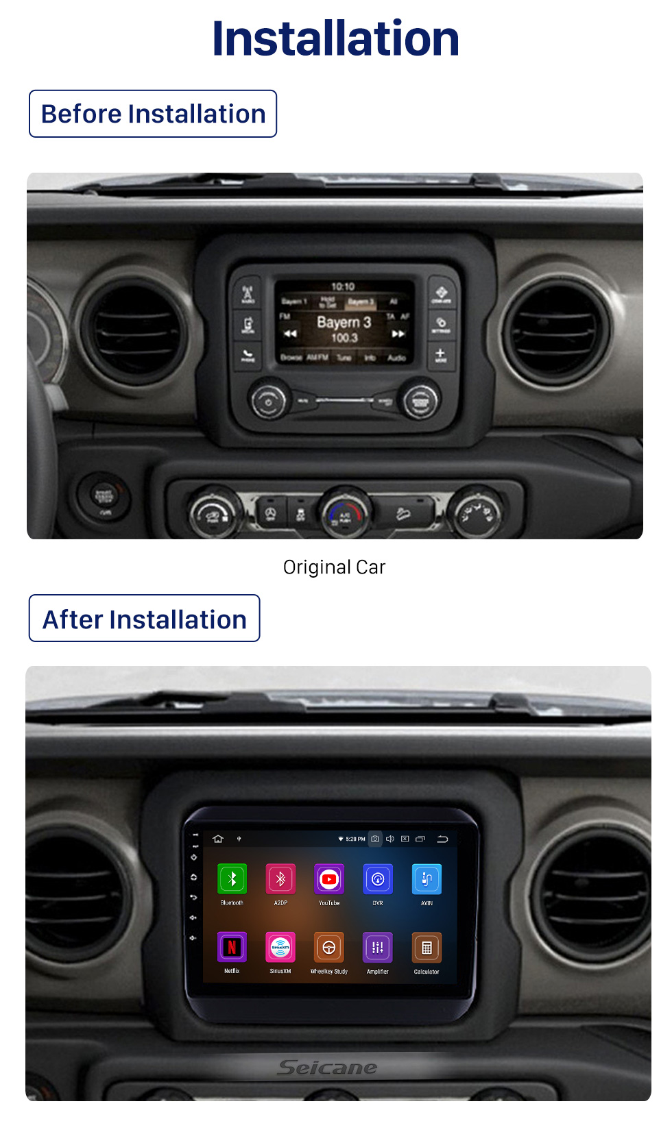 Seicane 2018 Jeep Wrangler Rubicon Android 10.0 Navegación GPS 9 pulgadas 1024 * 600 Pantalla táctil Unidad principal Bluetooth Radio FM RDS música Soporte WIFI 4G Carplay USB Control del volante