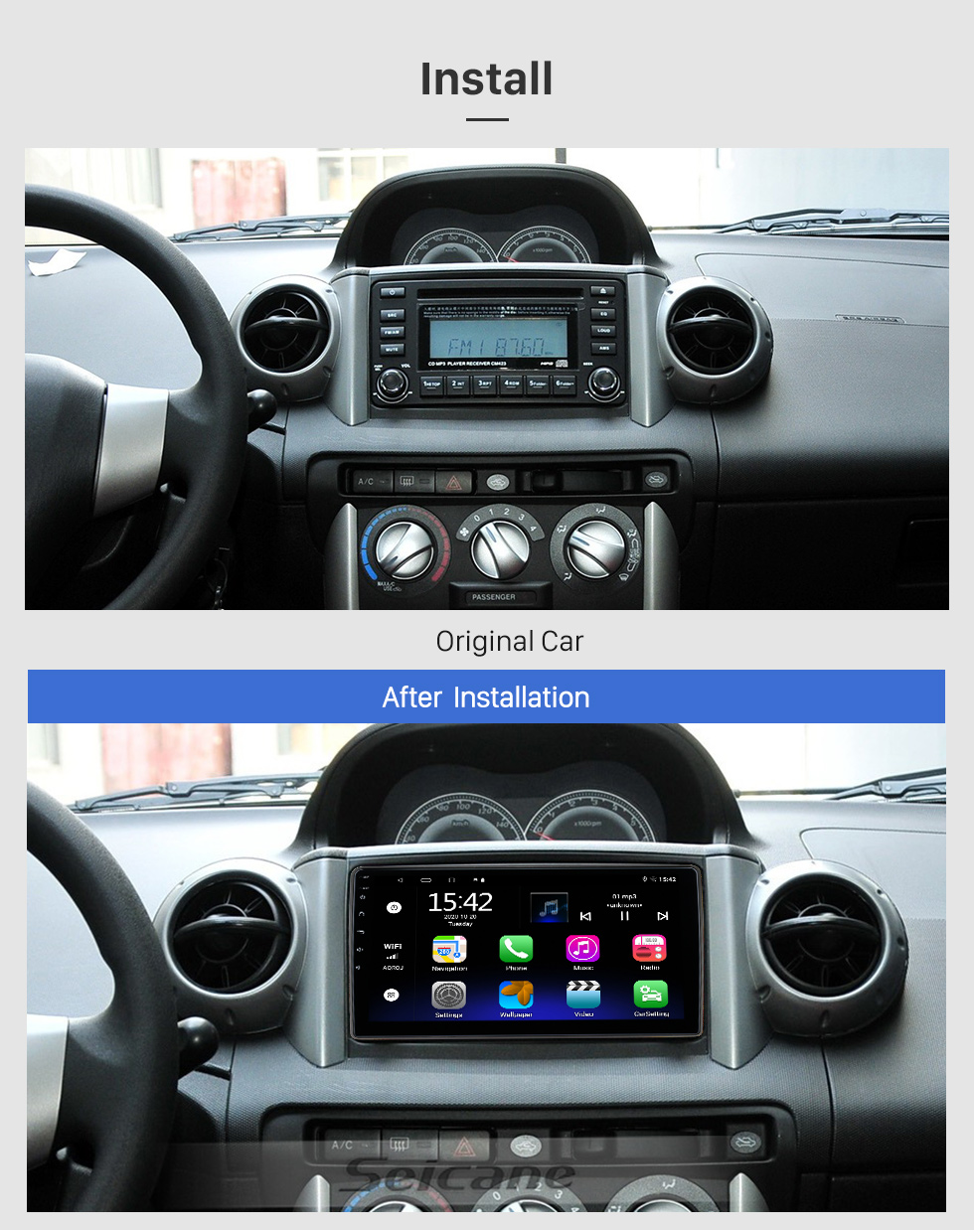 Seicane 10,1 polegadas Android 13.0 para GREAT WALL FLORID 2008-2011 HD Touchscreen Rádio GPS Sistema de navegação Suporte Bluetooth Carplay OBD2 DVR 3G WiFi Controle de volante