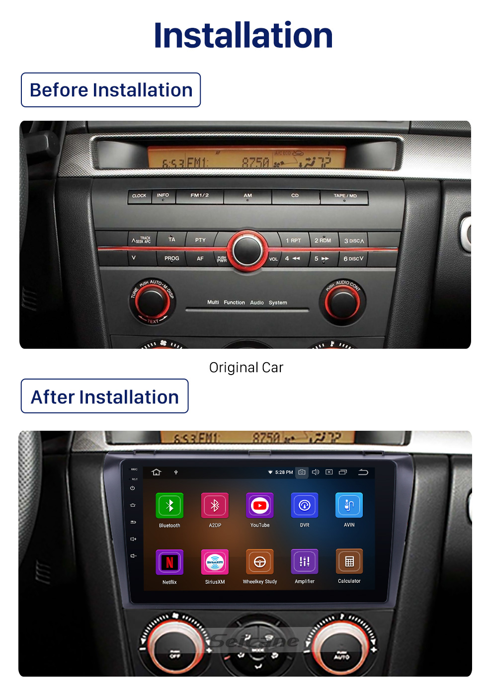 Seicane All-in-one Android 10.0 2004-2009 Mazda 3 Radio Upgrade with in Dash GPS Navigation System 1024*600 Multi-touch Capacitive Screen Bluetooth Music OBD2 3G WiFi HD 1080P DVR USB Backup Camera