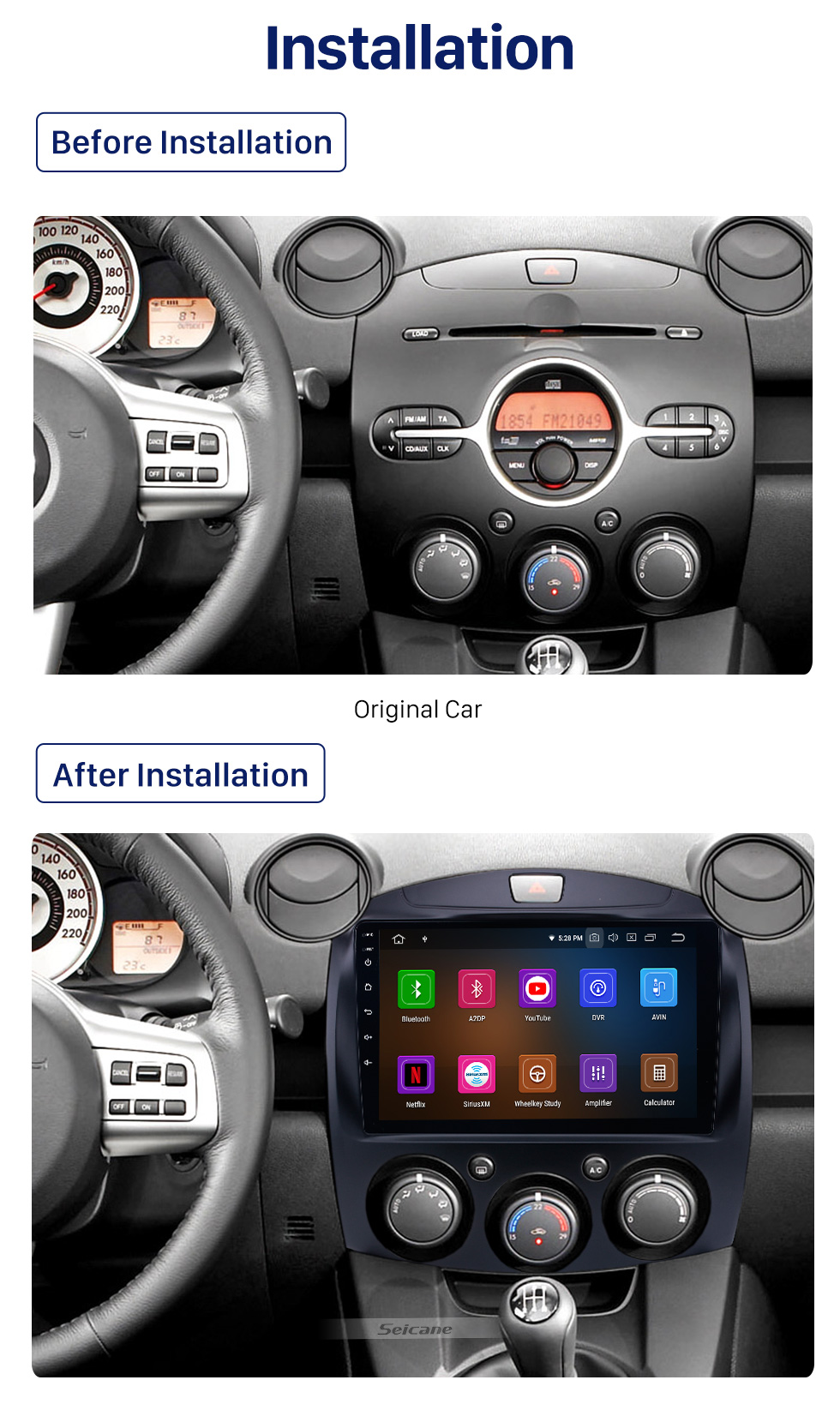 Seicane OEM HD Touchscreen GPS navigation system Android 10.0 for 2007-2014 Mazda 2 Support Radio Vedio Carplay Remote Control Bluetooth