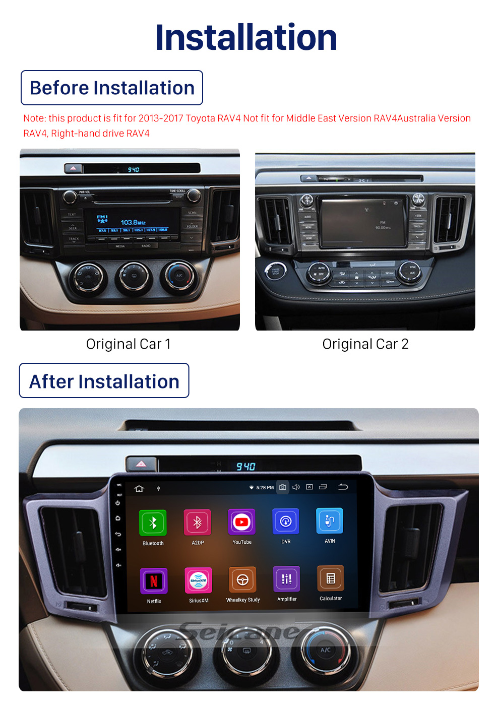 Seicane 2013-2016 Toyota RAV4 10.1 inch Android 10.0 GPS Sat Nav In Car with Touch Screen 3G WiFi AM FM Radio Bluetooth Music USB support OBD2 DVR TPMS